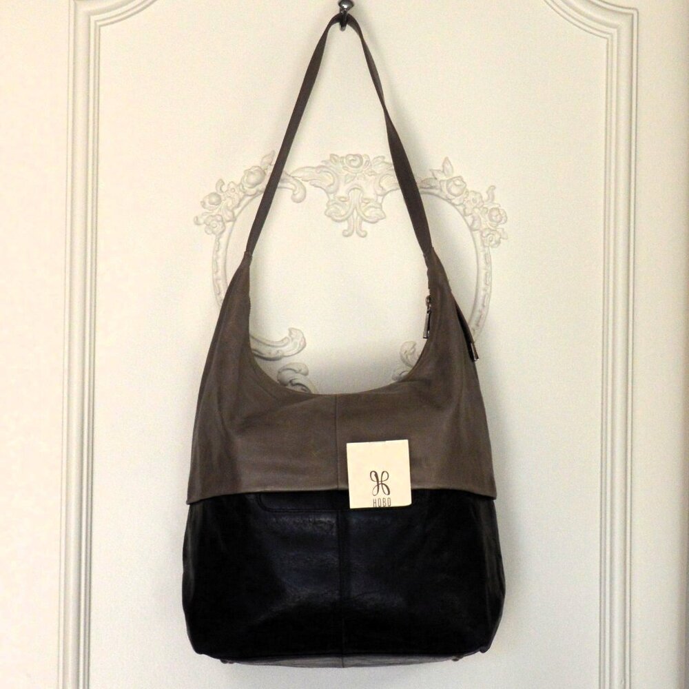 🖤 HOBO Joyce Style Shoulder Bag Two-Tone Leather Stone/Gray & Black - Picture 5 of 14